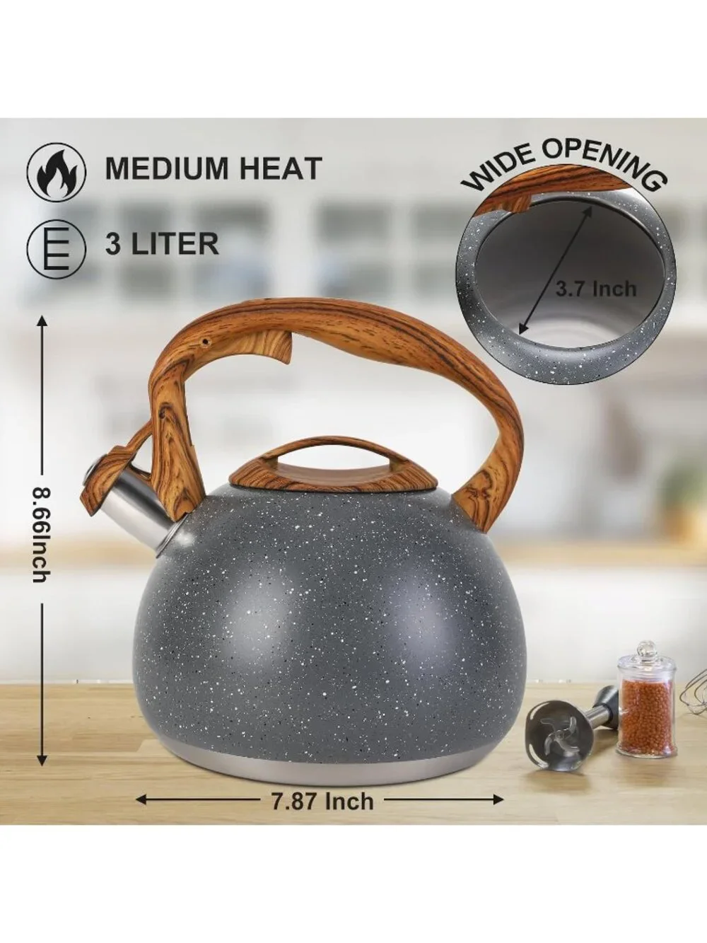 Gray Kitchen Whistling Tea Kettle 100 OZ / 3 L Stainless Steel Stovetop Teapot
